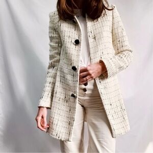Zara S White and Black Tweed Long Structured Blazer with Large Buttons
